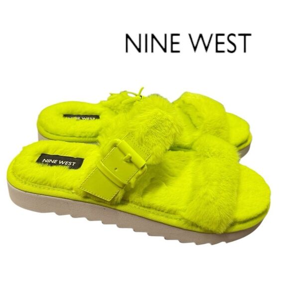 New Nine West Women's Funkie Lime Green Fuzzy Furry Slide Sandals 9 - Picture 2 of 5